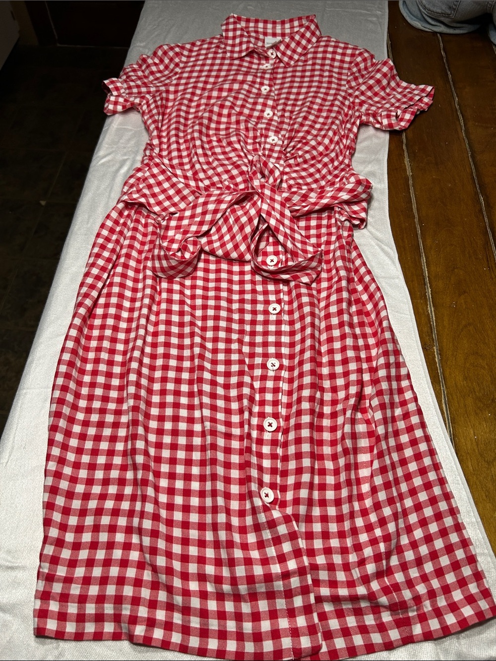 Madeline Thompson Red & White Gingham Button-Down Dress w/ waist tie / Sh.Pads